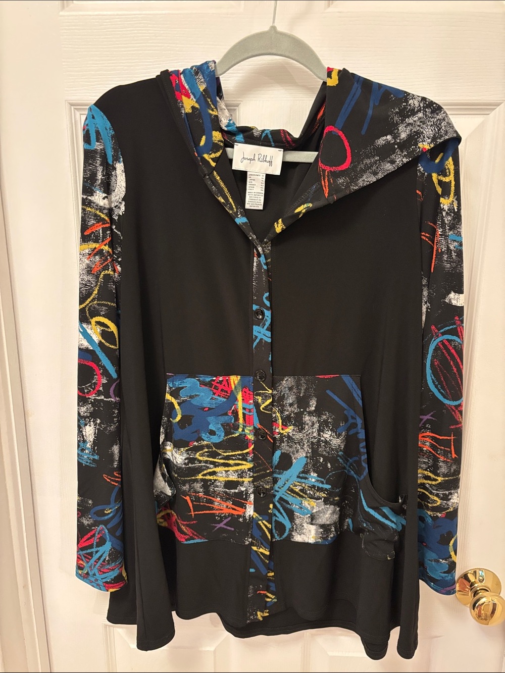 Joseph Ribkoff Black Hoodie with Multicolor Graffiti Accents